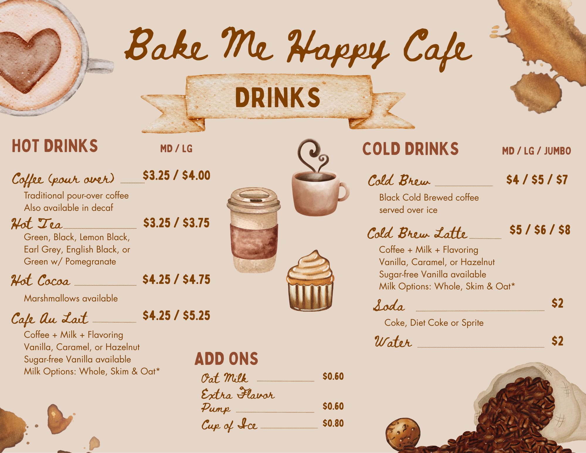 Bake Me Happy Cafe menu in Madison NC - cold brew, cafe au lait, hot tea and more